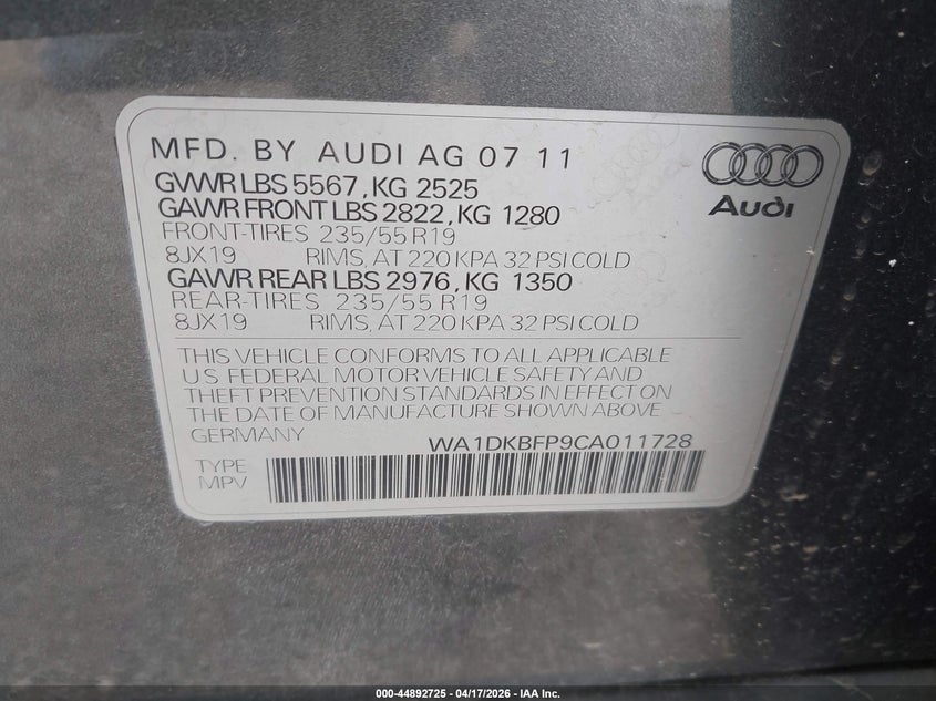 2012 Audi Q5 VIN WA1DKBFP9CA011728 IAAI salvage auction — LEFT FRONT, Salvage (Illinois), sold $1,050 on 2026-07-22 (photo 9)
