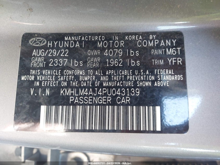2023 Hyundai Elantra VIN KMHLM4AJ4PU043139 IAAI salvage auction — FRONT END, Salvage Title, sold $3,500 on 2026-07-12 (photo 9)