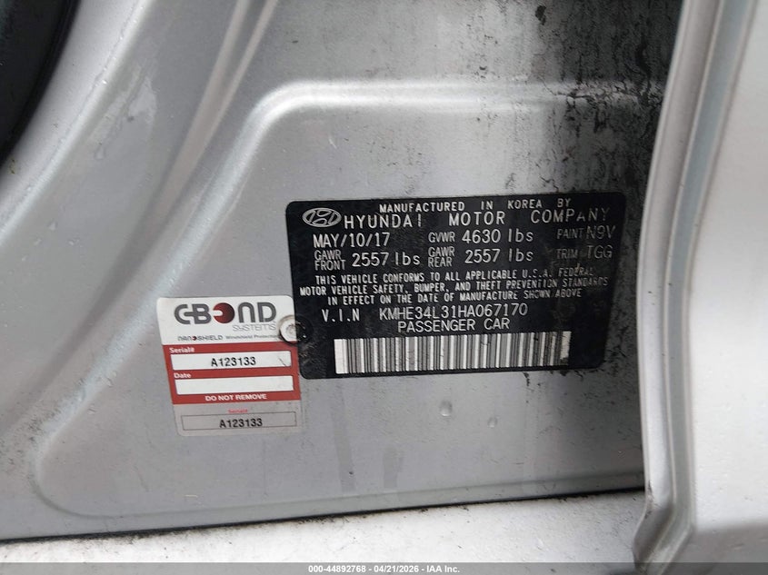 2017 Hyundai Sonata VIN KMHE34L31HA067170 IAAI salvage auction — FRONT END, Original (Texas), sold $1,125 on 2026-07-08 (photo 9)
