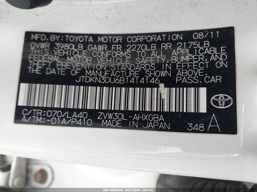 2011 Toyota Prius VIN JTDKN3DU6B1414146 IAAI salvage auction — LEFT FRONT, Salvage (California), sold $1,100 on 2026-07-23 (photo 9)