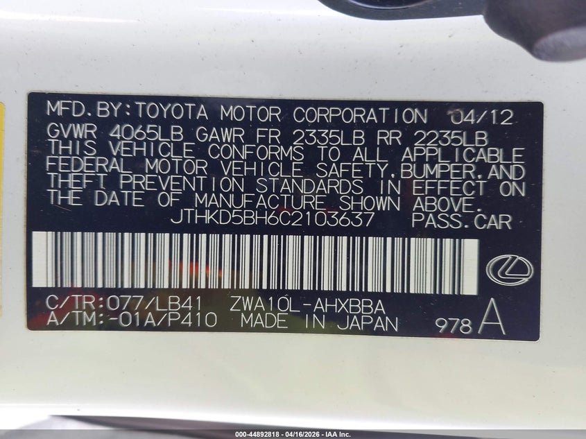 2012 Lexus Ct VIN JTHKD5BH6C2103637 IAAI salvage auction — SIDE, Salvage (Hawaii), sold $125 on 2026-07-28 (photo 9)