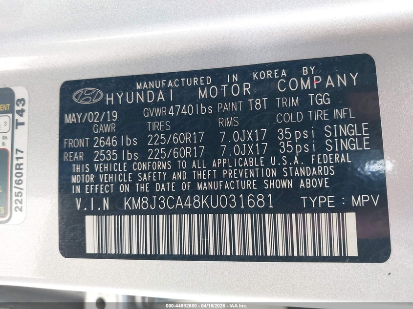 2019 Hyundai Tucson VIN KM8J3CA48KU031681 IAAI salvage auction — FRONT & REAR, Salvage (Oregon), sold $3,500 on 2026-07-09 (photo 9)