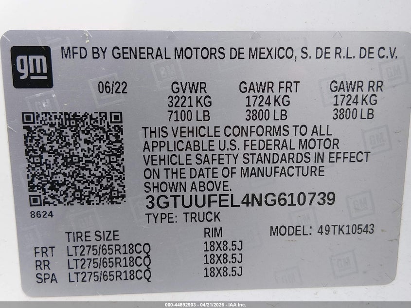 2022 Gmc SIERRA VIN 3GTUUFEL4NG610739 IAAI salvage auction — FRONT END, Salvage (Oregon), sold $24,200 on 2026-07-20 (photo 9)