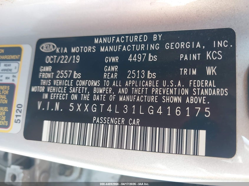 2020 Kia Optima VIN 5XXGT4L31LG416175 IAAI salvage auction — REAR END, Salvage Title, sold $2,600 on 2026-08-02 (photo 9)