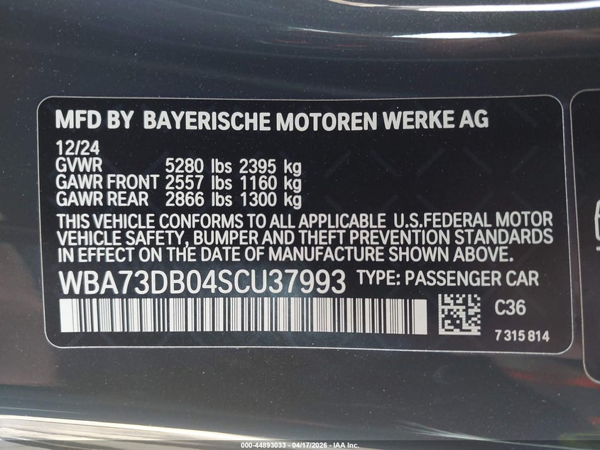 2025 BMW M440i xDrive VIN WBA73DB04SCU37993 IAAI salvage auction — Rear End, Salvage (California), sold $27,750 on 2026-08-24 (photo 9)