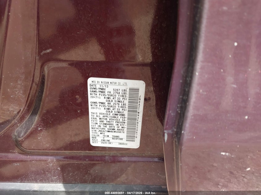 2014 Nissan Murano VIN JN8AZ1MW4EW509676 IAAI salvage auction — FRONT END, Salvage Title, sold $825 on 2026-07-08 (photo 9)