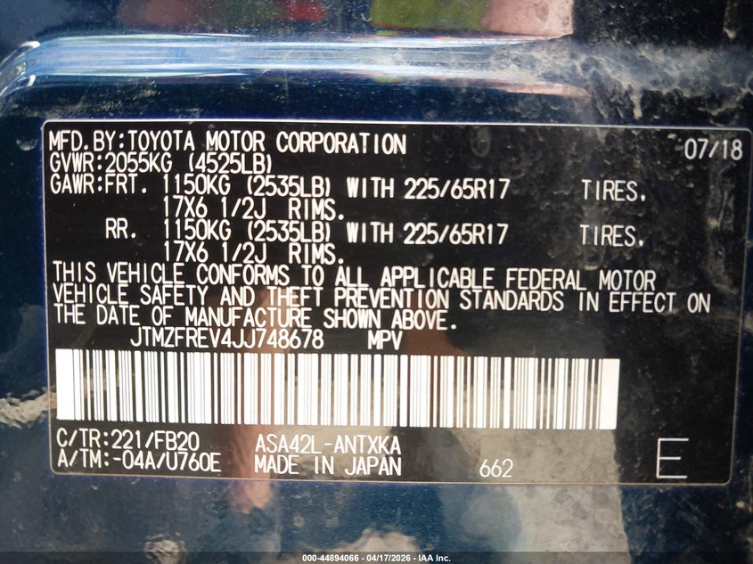 2018 Toyota Rav 4 VIN JTMZFREV4JJ748678 IAAI salvage auction — RIGHT FRONT, Salvage Title, sold $4,075 on 2026-07-15 (photo 9)