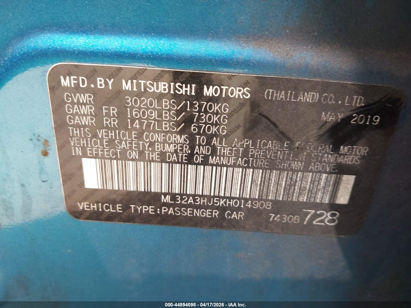 2019 Mitsubishi Mirage VIN ML32A3HJ5KH014908 IAAI salvage auction — REAR END, Salvage Title, sold $650 on 2026-07-11 (photo 9)