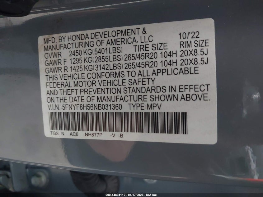 2022 Honda Passport VIN 5FNYF8H56NB031360 IAAI salvage auction — REAR END, Salvage (Minnesota), sold $14,200 on 2026-07-13 (photo 9)