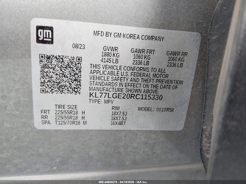 2024 Chevrolet Trax VIN KL77LGE20RC115330 IAAI salvage auction — FRONT END, Salvage (Alabama), sold $1,900 on 2026-07-23 (photo 9)
