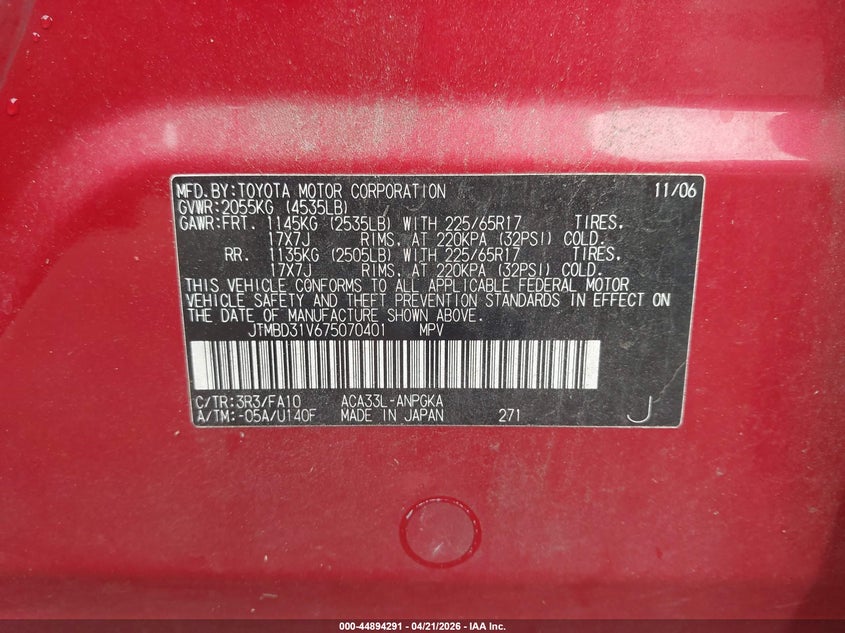2007 Toyota Rav 4 VIN JTMBD31V675070401 IAAI salvage auction — REAR END, Salvage (Alabama), sold $1,750 on 2026-07-08 (photo 9)