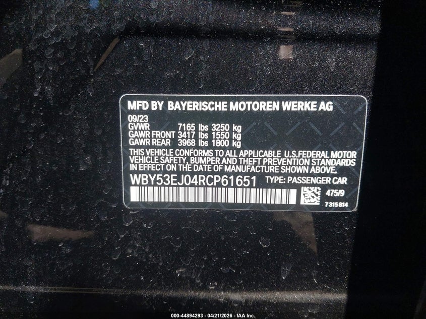 2024 BMW I7 VIN WBY53EJ04RCP61651 IAAI salvage auction — FRONT END, Salvage (New Jersey), sold $35,000 on 2026-08-13 (photo 9)