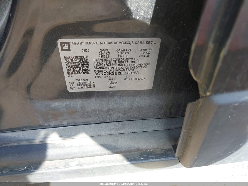 2020 Chevrolet Trax VIN 3GNCJKSB2LL260158 IAAI salvage auction — RIGHT FRONT, Salvage Title, sold $1,550 on 2026-07-09 (photo 9)