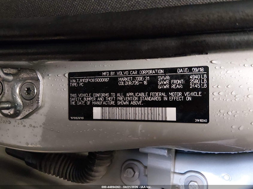 2019 Volvo S60 VIN 7JR102FKXKG000687 IAAI salvage auction — REAR END, Original (Texas), sold $4,050 on 2026-07-15 (photo 9)