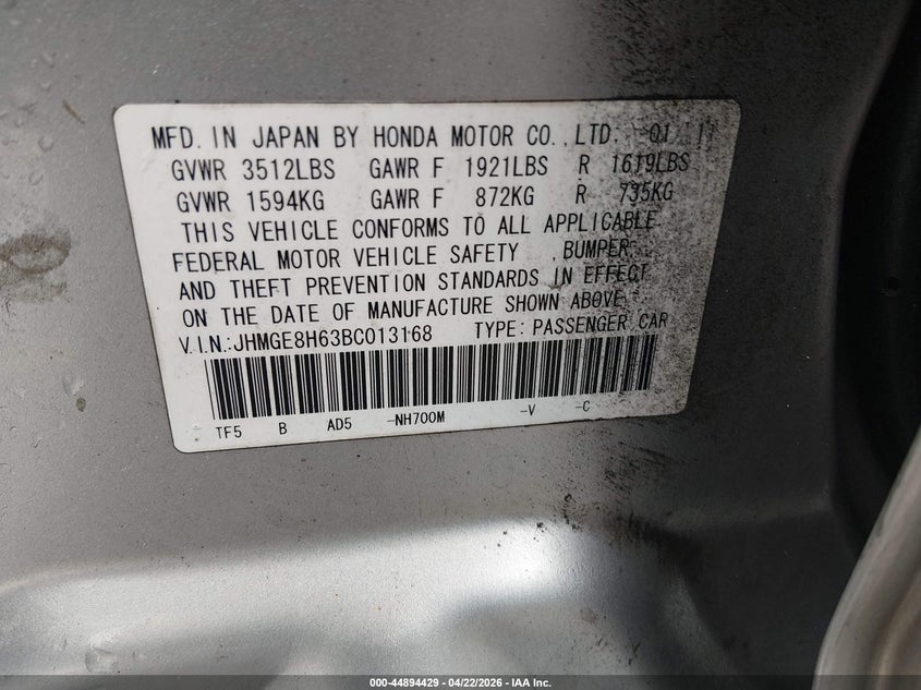 2011 Honda Fit VIN JHMGE8H63BC013168 IAAI salvage auction — LEFT SIDE, Salvage (Texas), sold $1,150 on 2026-07-30 (photo 9)
