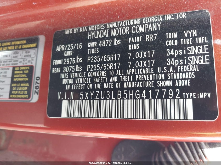 2017 Hyundai Santa fe VIN 5XYZU3LB5HG417792 IAAI salvage auction — FRONT END, Salvage Title, sold $2,050 on 2026-07-29 (photo 9)