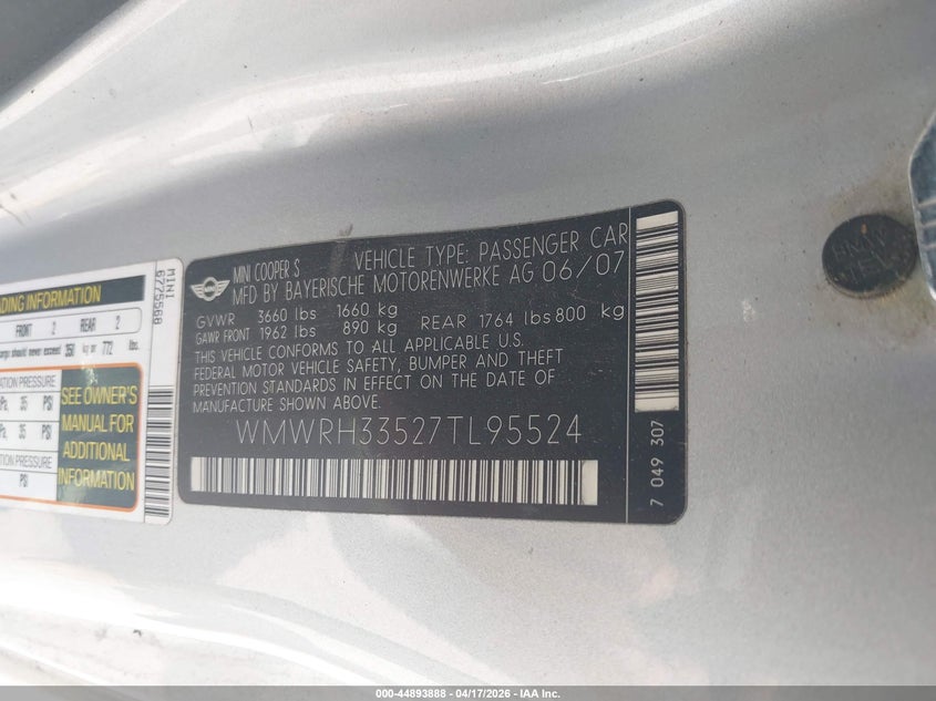 2007 Mini Cooper VIN WMWRH33527TL95524 IAAI salvage auction — LEFT REAR, Salvage (Illinois), sold $325 on 2026-07-07 (photo 9)