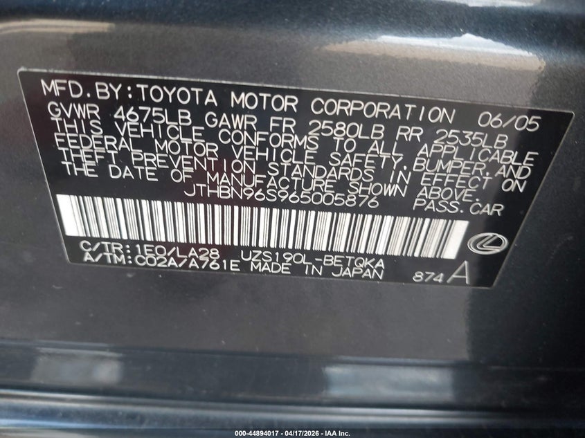 2006 Lexus Gs 430 VIN JTHBN96S965005876 IAAI salvage auction — NORMAL WEAR, Salvage (Texas), sold $950 on 2026-07-24 (photo 9)