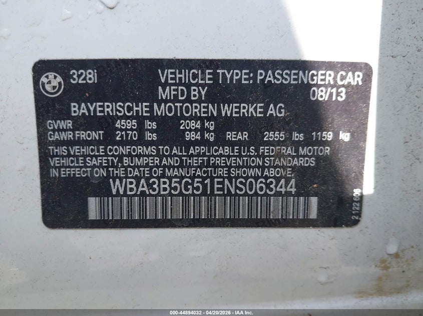 2014 BMW 3er VIN WBA3B5G51ENS06344 IAAI salvage auction — RIGHT FRONT, Salvage - Greater Than 75% (Maryland), sold $25 on 2026-07-22 (photo 9)