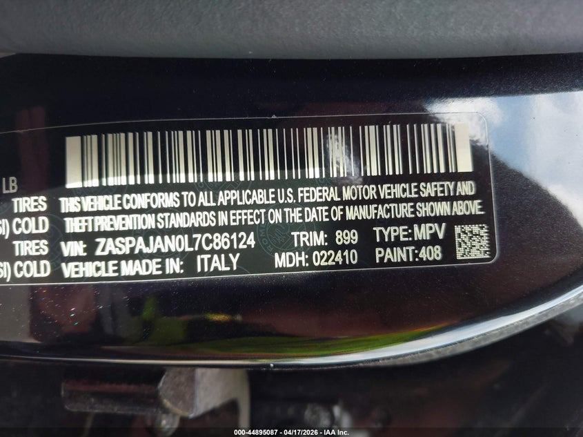 2020 Alfa romeo Stelvio VIN ZASPAJAN0L7C86124 IAAI salvage auction — FRONT & REAR, Wait Title, sold $7,850 on 2026-07-22 (photo 9)