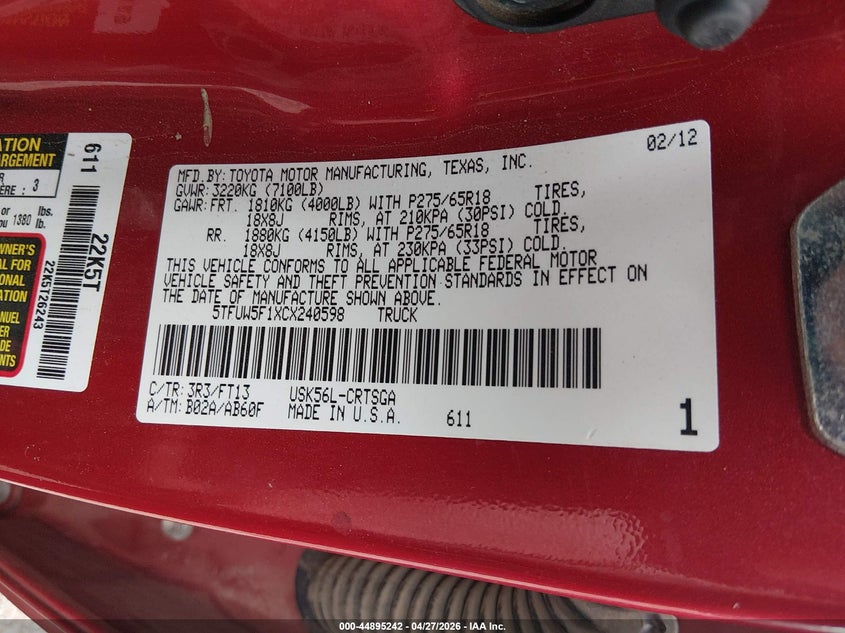 2012 Toyota Tundra VIN 5TFUW5F1XCX240598 IAAI salvage auction — FRONT END, Salvage (Colorado), sold $2,800 on 2026-07-31 (photo 9)