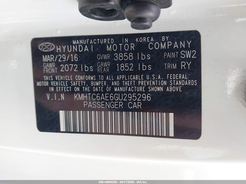 2016 Hyundai Veloster VIN KMHTC6AE6GU295296 IAAI salvage auction — FRONT END, Salvage Title, sold $650 on 2026-07-07 (photo 9)