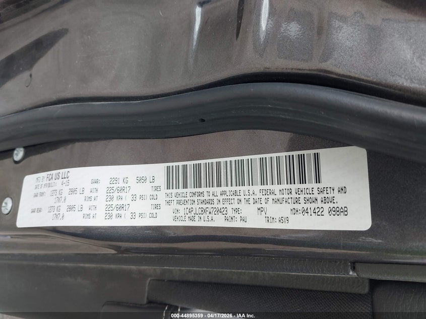 2015 Jeep Cherokee VIN 1C4PJLCBXFW720423 IAAI salvage auction — RIGHT REAR, Clear (Oklahoma), sold $25 on 2026-10-26 (photo 9)