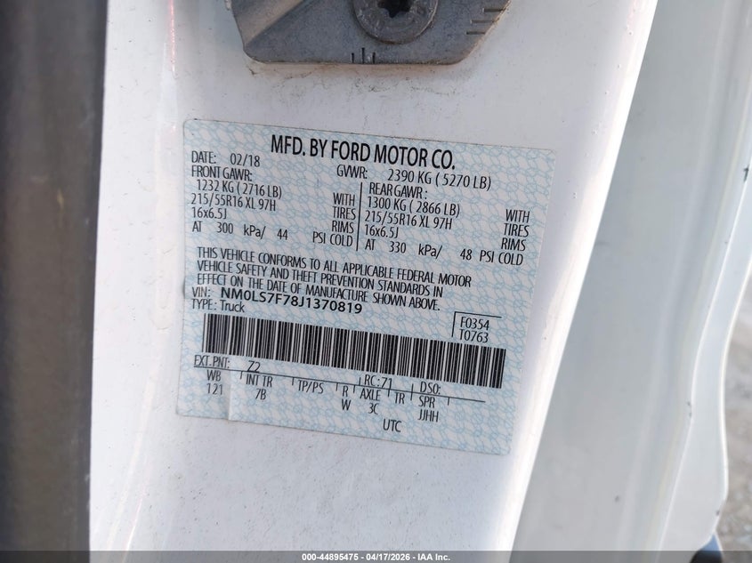 2018 Ford Transit VIN NM0LS7F78J1370819 IAAI salvage auction — NORMAL WEAR, Wait Title, sold $2,350 on 2026-07-13 (photo 9)