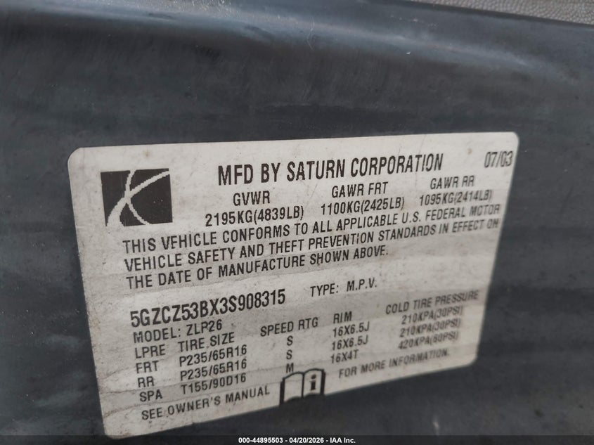 2003 Saturn Vue VIN 5GZCZ53BX3S908315 IAAI salvage auction — NORMAL WEAR, Clear (Virginia), sold $325 on 2026-07-09 (photo 9)
