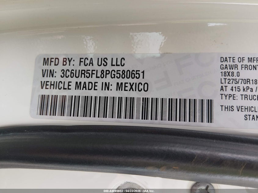 2023 Ram 2500 VIN 3C6UR5FL8PG580651 IAAI salvage auction — FRONT END, Original (Texas), sold $23,800 on 2026-07-30 (photo 9)