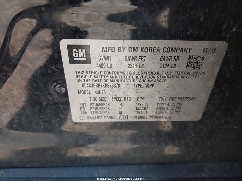 2019 Buick Encore VIN KL4CJESB7KB873378 IAAI salvage auction — FRONT END, Salvage (Pennsylvania), sold $2,500 on 2026-07-31 (photo 9)