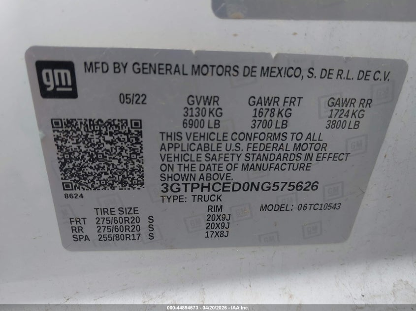 2022 Gmc SIERRA VIN 3GTPHCED0NG575626 IAAI salvage auction — FRONT END, Original (Texas), sold $11,000 on 2026-07-09 (photo 9)