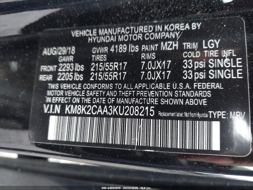 2019 Hyundai Kona VIN KM8K2CAA3KU208215 IAAI salvage auction — FRONT END, Salvage (Pennsylvania), sold $1,750 on 2026-07-21 (photo 9)