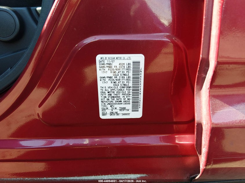 2008 Nissan Rogue VIN JN8AS58V48W124569 IAAI salvage auction — FRONT END, Salvage (New Jersey), sold $400 on 2026-07-13 (photo 9)