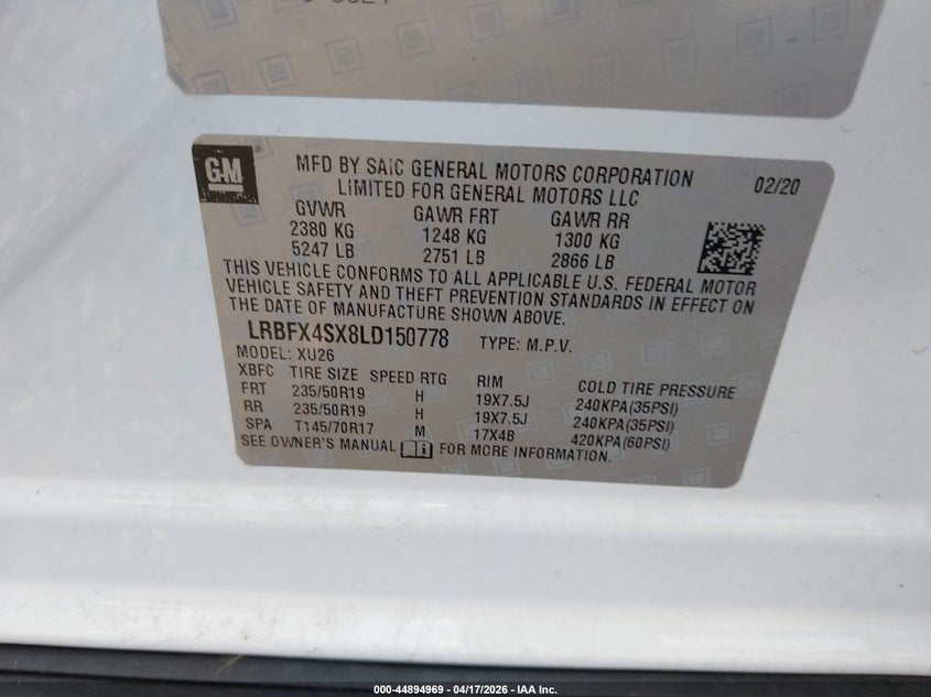 2020 Buick Envision VIN LRBFX4SX8LD150778 IAAI salvage auction — FRONT END, Salvage (Illinois), sold $4,600 on 2026-07-08 (photo 9)