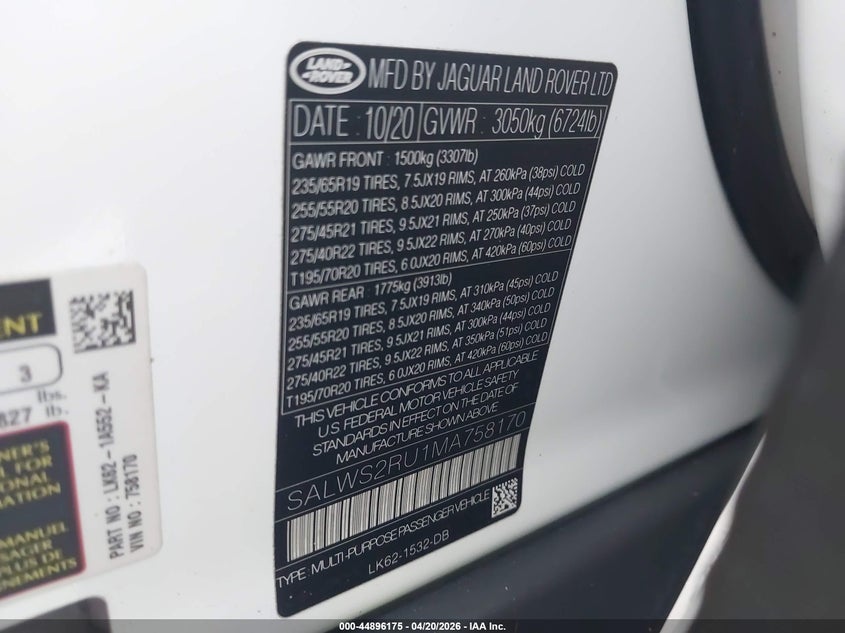 2021 Land rover Range rover sport VIN SALWS2RU1MA758170 IAAI salvage auction — FRONT END, Salvage Title, sold $16,425 on 2026-07-14 (photo 9)