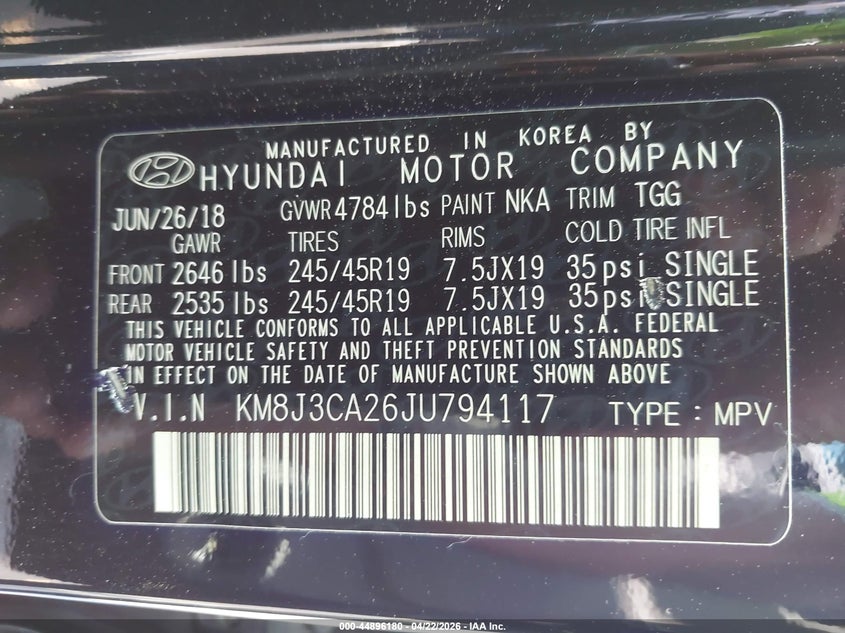 2018 Hyundai Tucson VIN KM8J3CA26JU794117 IAAI salvage auction — FRONT END, Salvage Title, sold $3,825 on 2026-07-08 (photo 9)