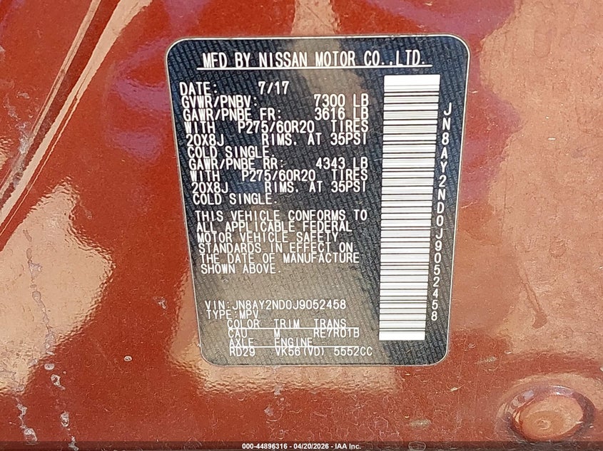 2018 Nissan Armada VIN JN8AY2ND0J9052458 IAAI salvage auction — FRONT END, Original (Texas), sold $3,675 on 2026-07-14 (photo 9)
