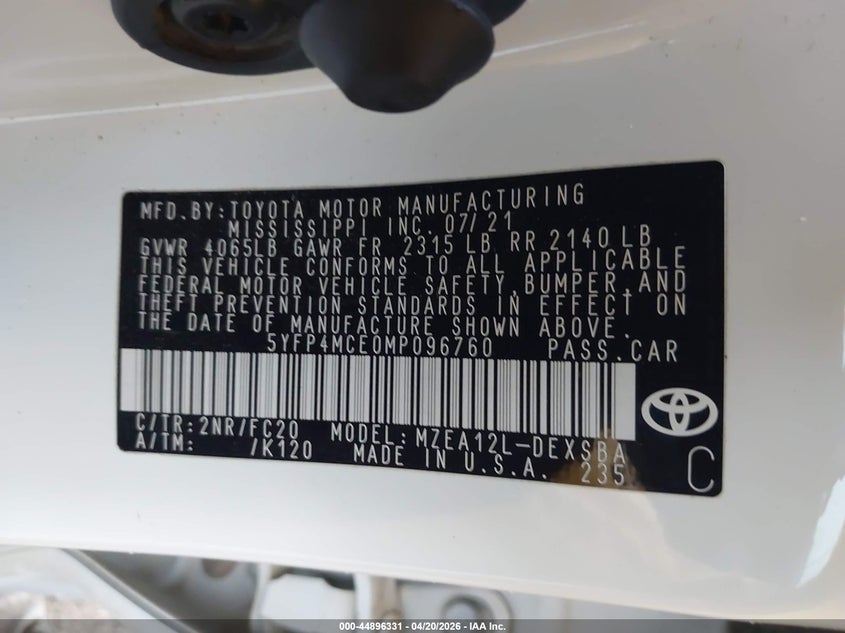 2021 Toyota Corolla VIN 5YFP4MCE0MP096760 IAAI salvage auction — FRONT END, Salvage Title, sold $5,100 on 2026-07-13 (photo 9)