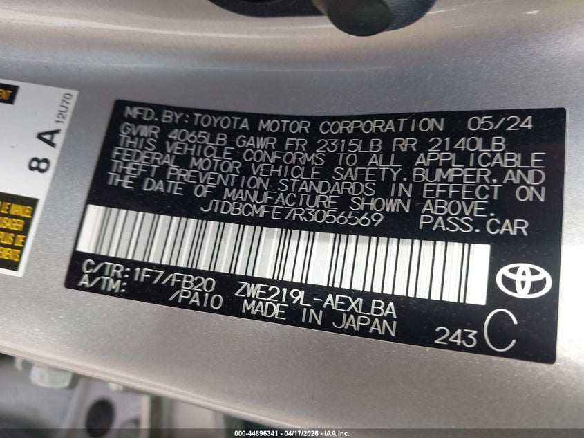 2024 Toyota Corolla VIN JTDBCMFE7R3056569 IAAI salvage auction — RIGHT REAR, Salvage (Texas), sold $5,650 on 2026-07-08 (photo 9)