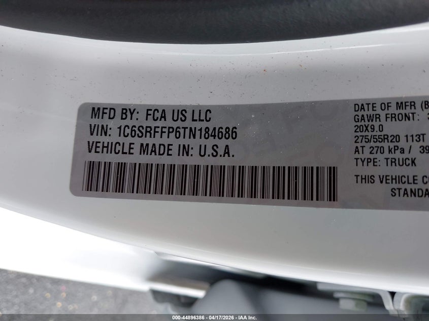 2026 Ram 1500 VIN 1C6SRFFP6TN184686 IAAI salvage auction — FRONT END, Salvage Title, sold $16,550 on 2026-07-27 (photo 9)