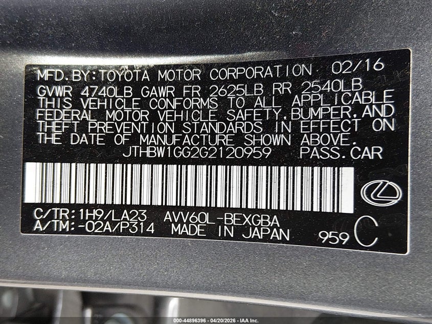 2016 Lexus ES VIN JTHBW1GG2G2120959 IAAI salvage auction — FRONT END, Bill Of Sale (Washington), sold $5,700 on 2026-07-29 (photo 9)