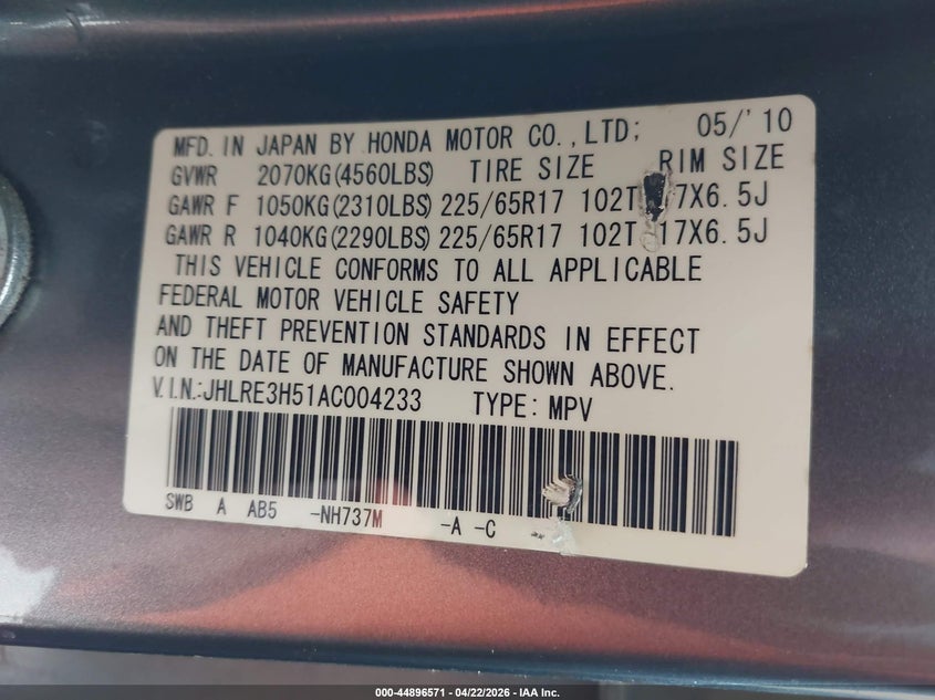 2010 Honda Cr-v VIN JHLRE3H51AC004233 IAAI salvage auction — SIDE, Original (Texas), sold $1,625 on 2026-07-20 (photo 9)