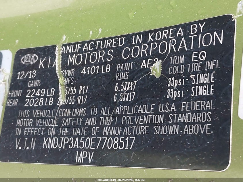 2014 Kia Soul VIN KNDJP3A50E7708517 IAAI salvage auction — NORMAL WEAR, Salvage (Texas), sold $375 on 2026-07-08 (photo 9)