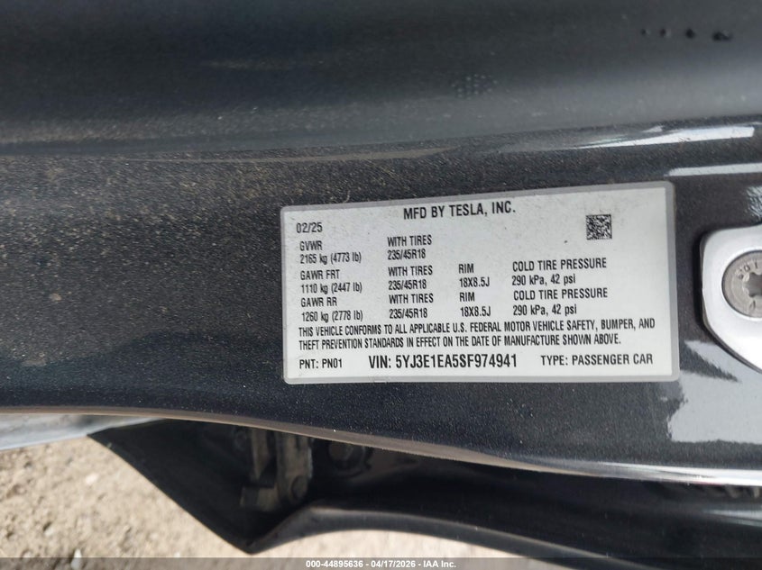 2025 Tesla Model 3 VIN 5YJ3E1EA5SF974941 IAAI salvage auction — REAR END, Wait Title, sold $9,800 on 2026-07-10 (photo 9)