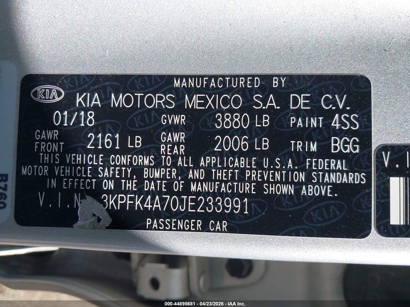 2018 Kia Forte VIN 3KPFK4A70JE233991 IAAI salvage auction — THEFT, Salvage (South Carolina), sold $1,550 on 2026-07-22 (photo 9)
