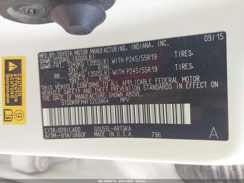 2015 Toyota Highlander VIN 5TDDKRFH4FS203864 IAAI salvage auction — HAIL, Salvage (Iowa), sold $6,900 on 2026-07-13 (photo 9)