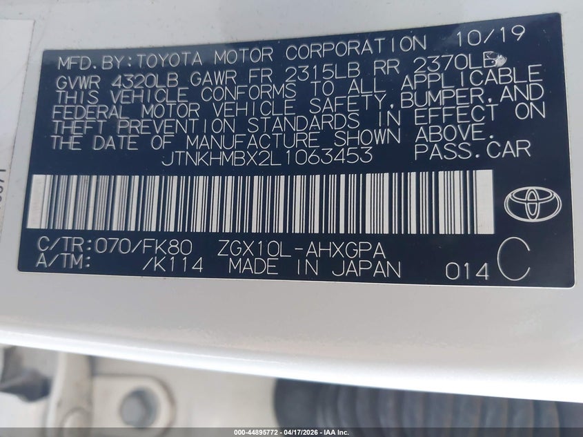 2020 Toyota C-hr VIN JTNKHMBX2L1063453 IAAI salvage auction — FRONT END, Salvage Title, sold $6,250 on 2026-07-06 (photo 8)