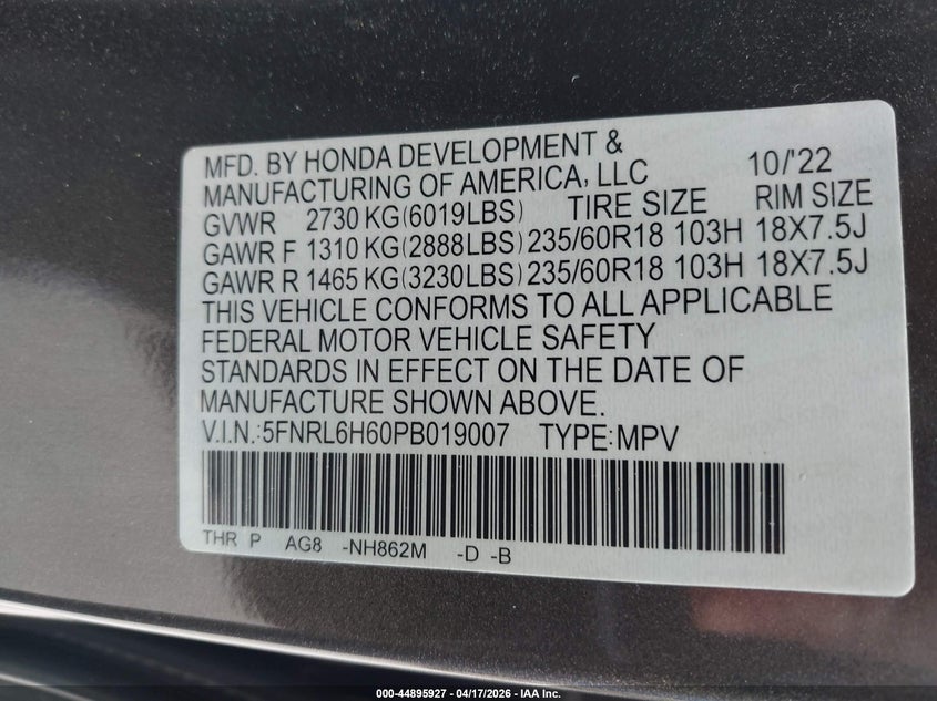 2023 Honda Odyssey VIN 5FNRL6H60PB019007 IAAI salvage auction — LEFT REAR, Wait Title, sold $12,600 on 2026-07-30 (photo 9)