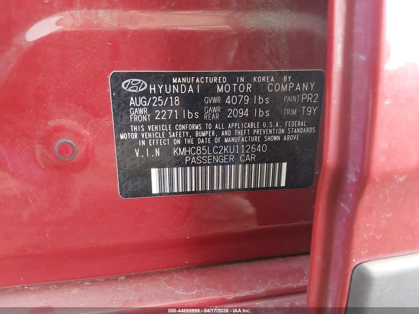 2019 Hyundai Ioniq VIN KMHC85LC2KU112640 IAAI salvage auction — REAR END, Wait Title, sold $750 on 2026-07-14 (photo 9)